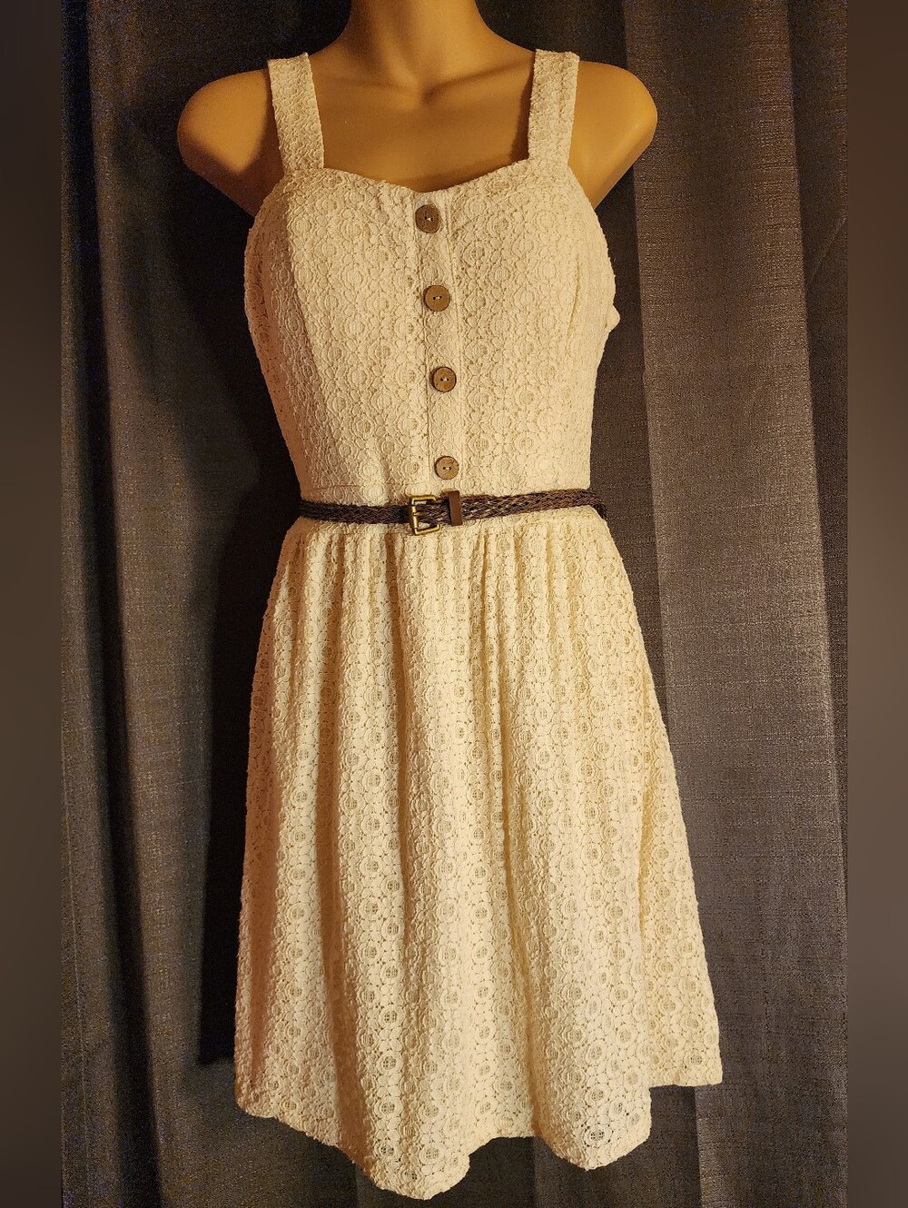 Charlotte Russe Cream Lace Sun Dress Belted Large Cottagecore Boho Large